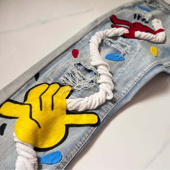 Vintage Public Supply co customized ripped Jeans embellished pop Art streetwear - Picture 4 of 16